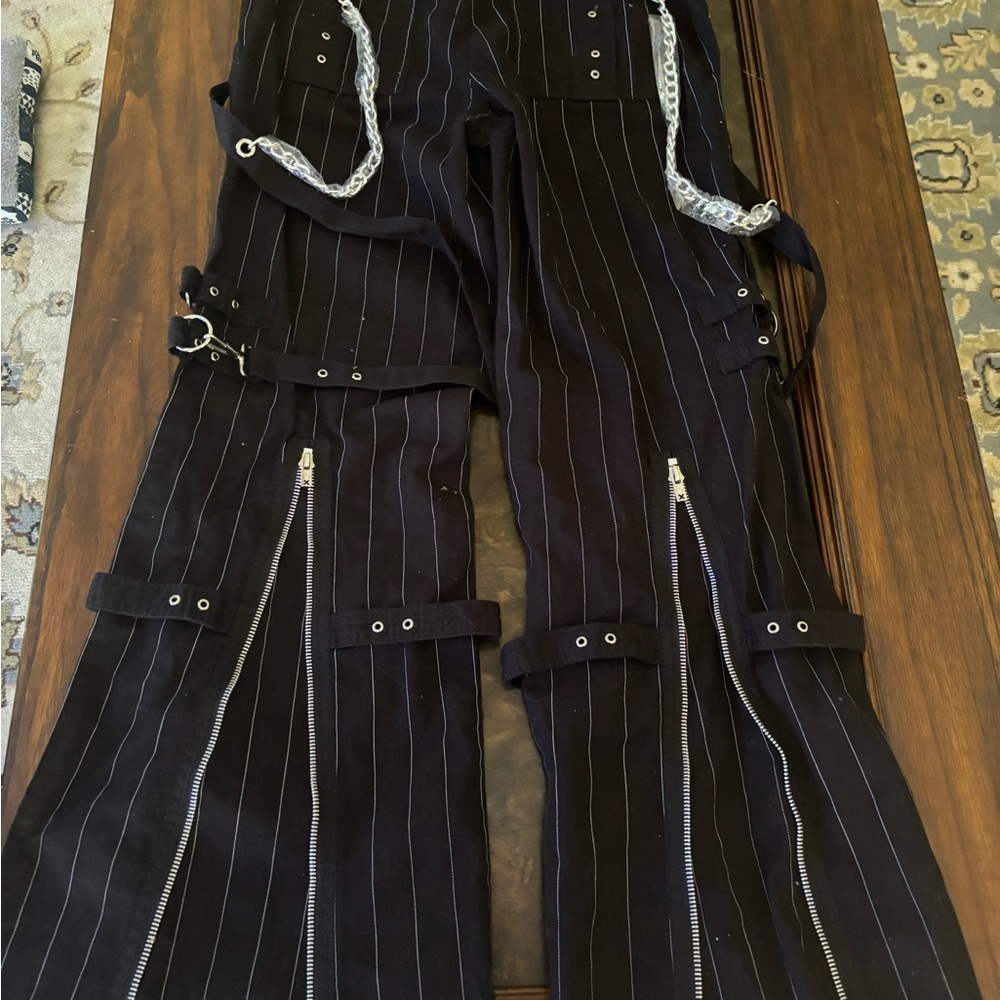 tripp nyc flared pin stripe pants with zippers and chains